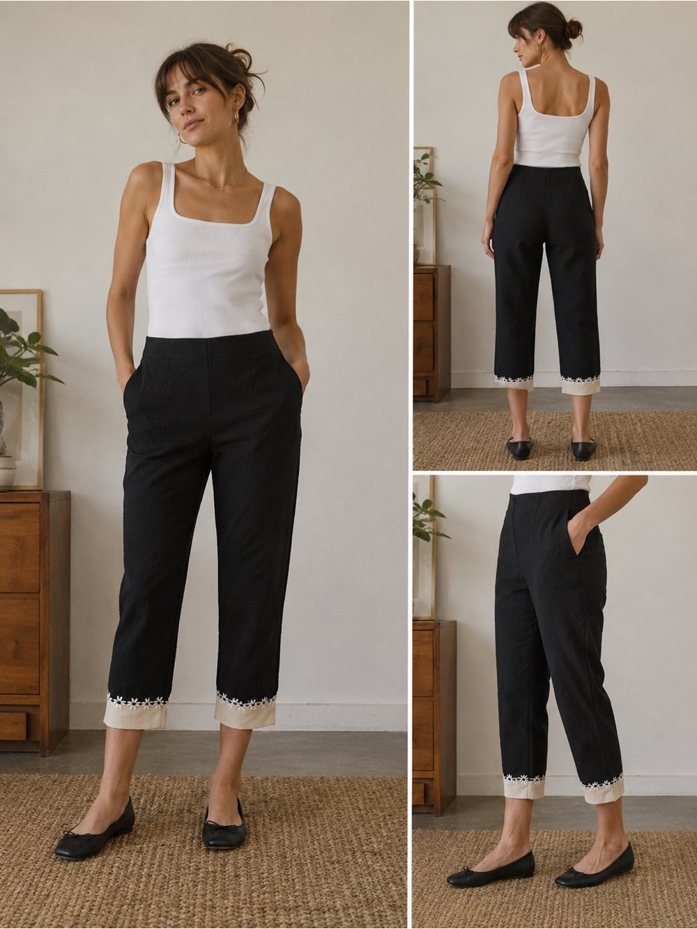 Vintage Talbots Black and white Cropped Pants 16 Daisy Hem Made USA coastal